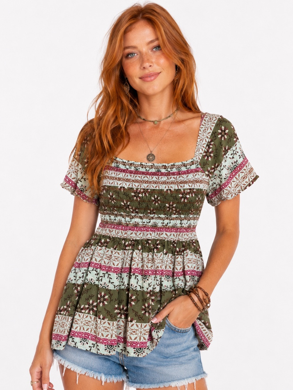 SO Goods For Life Boho Floral Smocked Peasant Top Rayon Festival Cottagecore